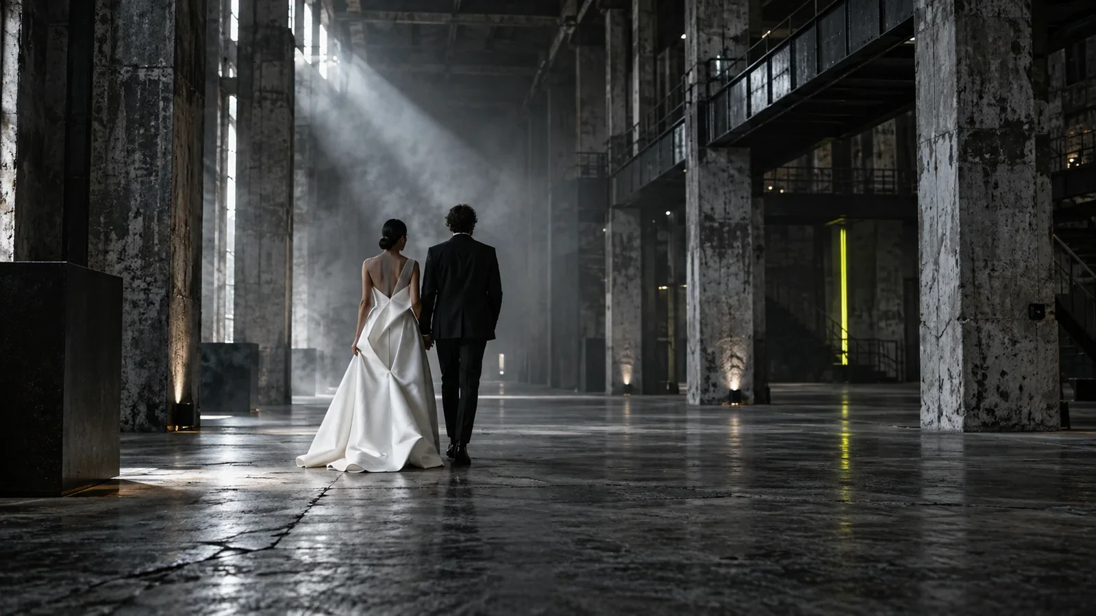 Hochzeit im Wild Base Action Park, Brautpaar im Lichtstrahl der Lost-Place-Halle