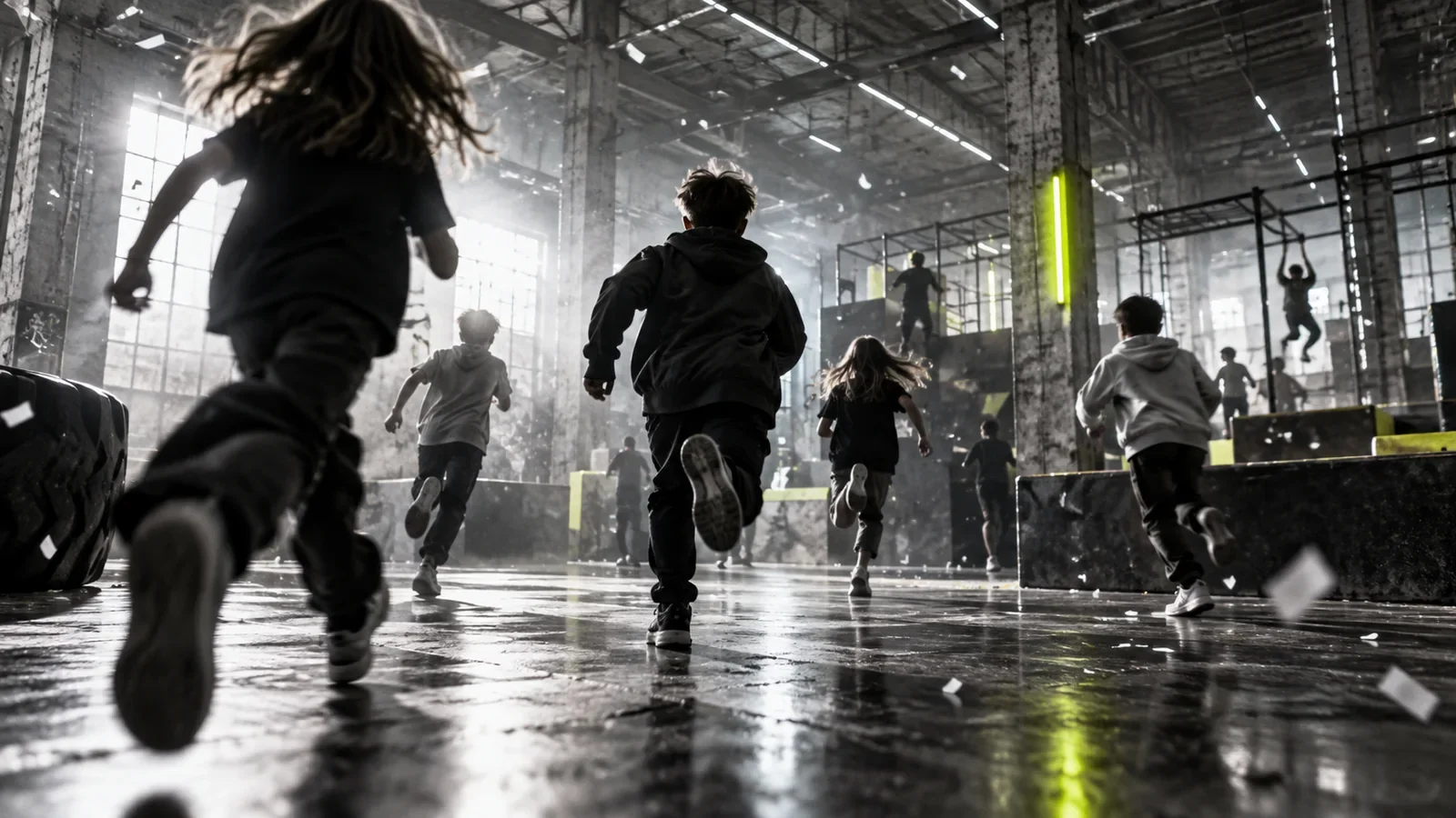 Kindergeburtstag im Wild Base Action Park, Kinder laufen durch die Halle, Konfetti im Gegenlicht