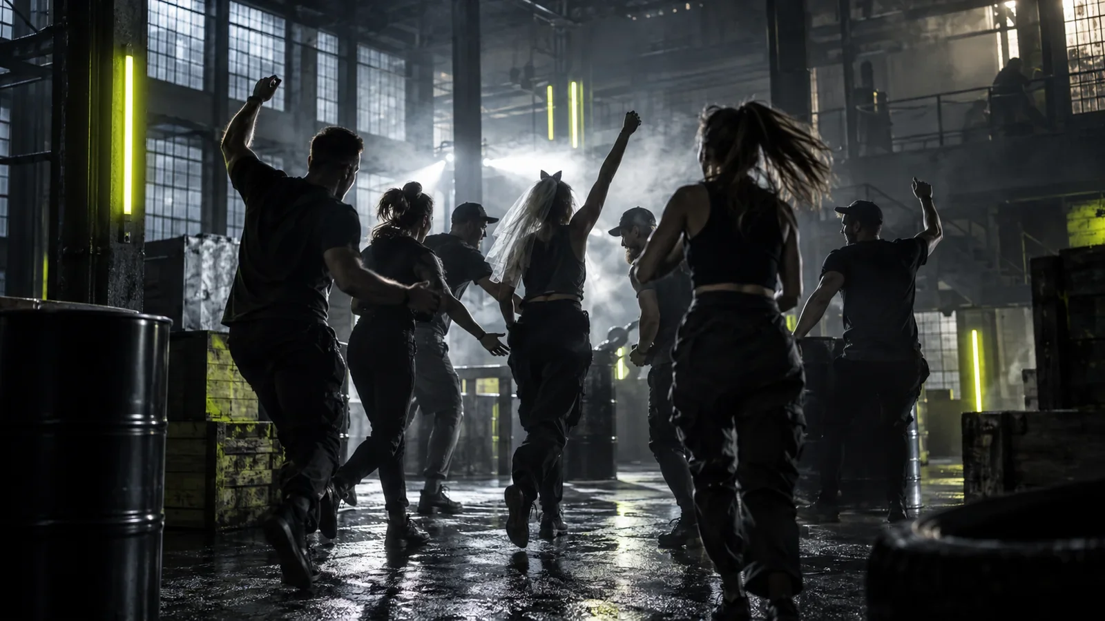 Polterabend im Wild Base Action Park, Gruppe feiert im Neonlicht der Lost-Place-Halle