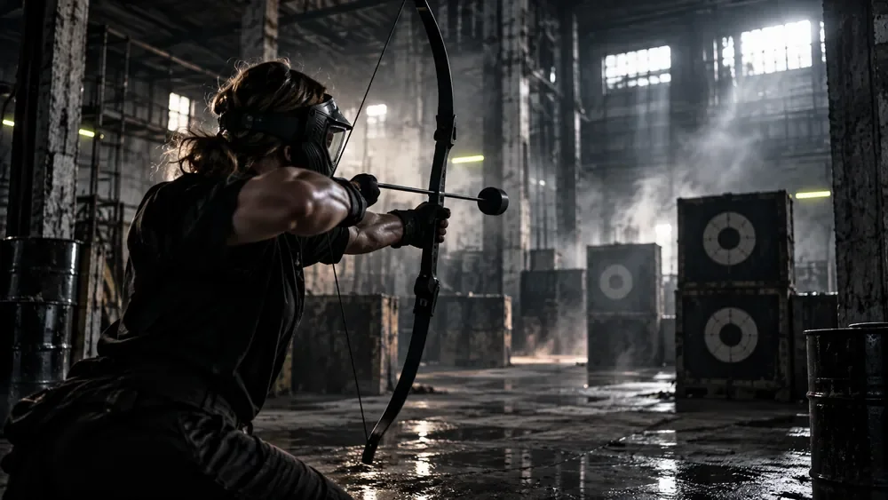 Arrowtag im Wild Base Action Park, Spieler mit Bogen und Schutzmaske