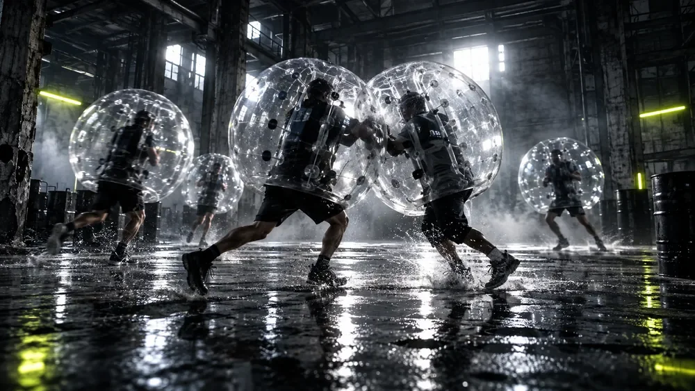 Bubble Soccer im Wild Base Action Park, Spieler in aufblasbaren Bällen