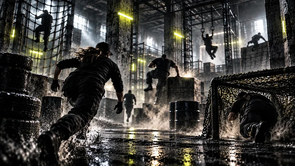 Wild Base Games im Wild Base Action Park, Gruppe an mehreren Stationen in der Lost-Place-Halle