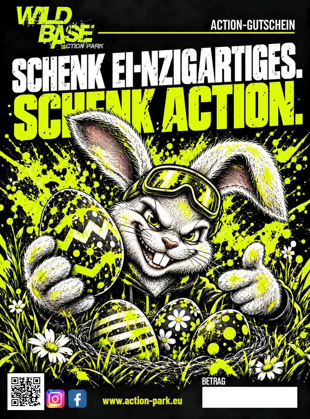 Wild Base Action-Gutschein Schenk Ei-nzigartiges. Schenk Action.