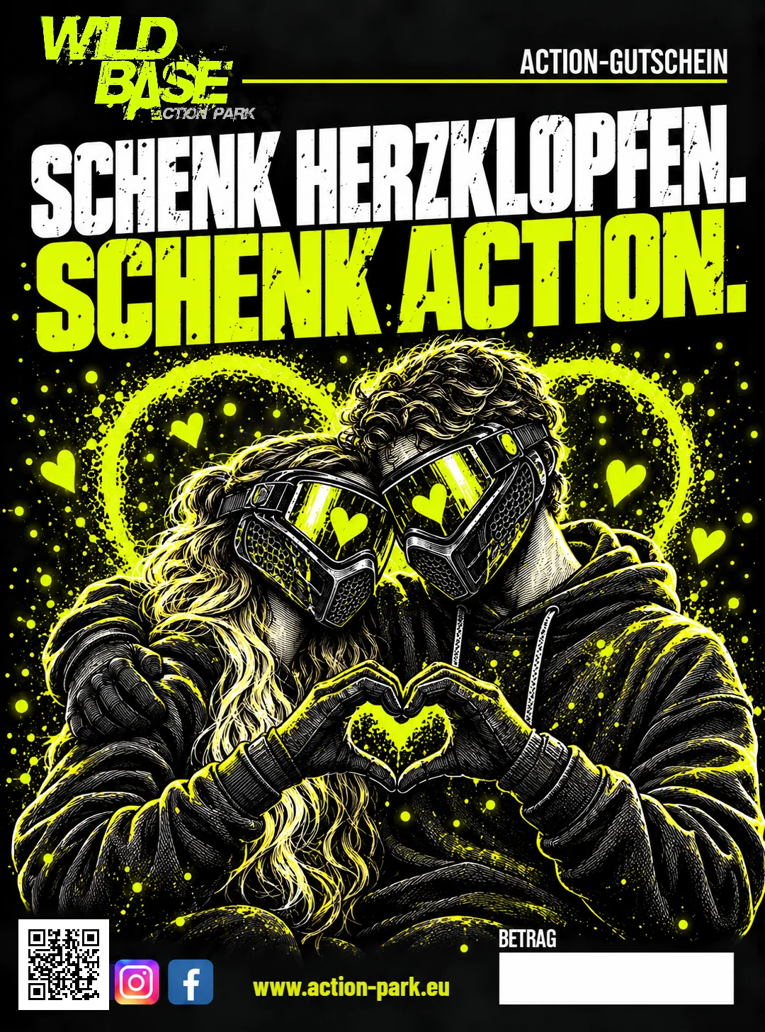 Wild Base Action-Gutschein Schenk Herzklopfen. Schenk Action.