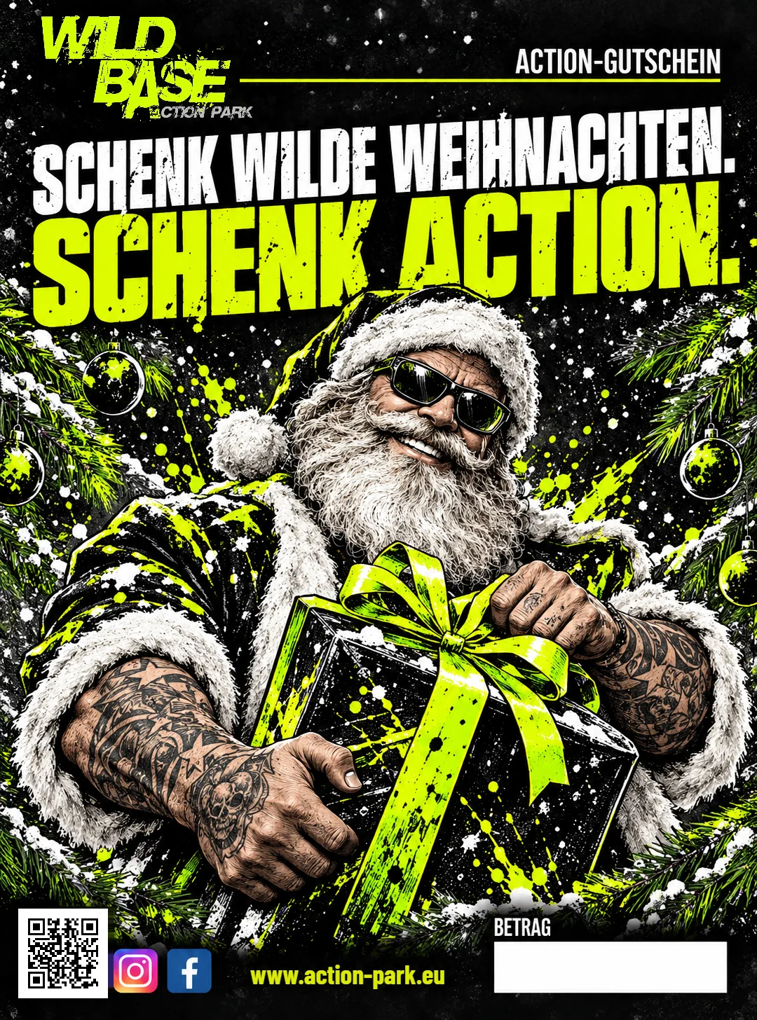 Wild Base Action-Gutschein Schenk wilde Weihnachten. Schenk Action.
