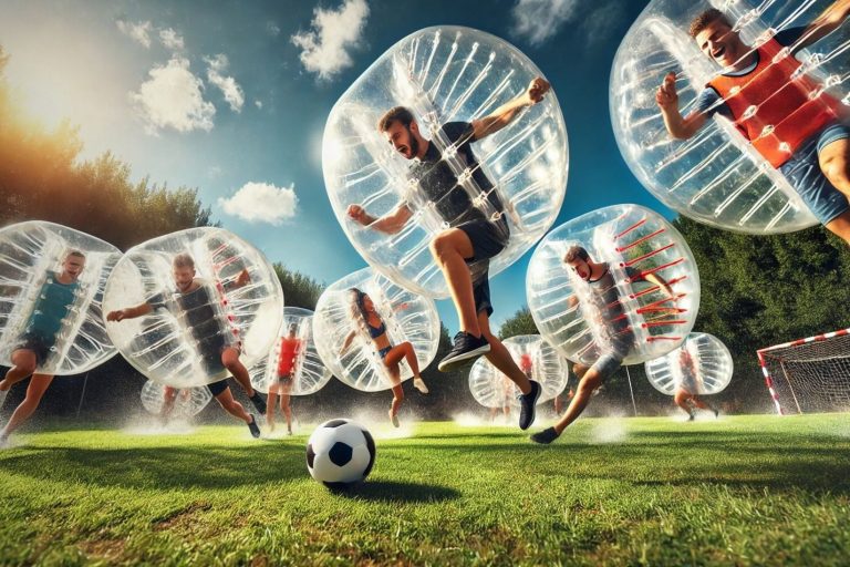 Bubble Soccer Gruppenspieler in aufblasbaren Bällen, die auf einem Fußballfeld aktiv sind.