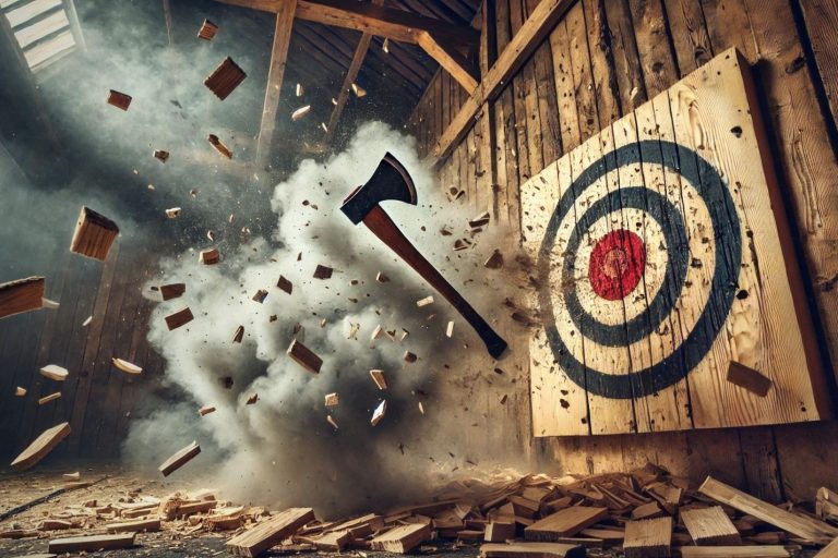 Axtwerfen Axt fliegt auf ein Bullseye-Ziel in einer Scheune, Staub und Holzsplitter fliegen.