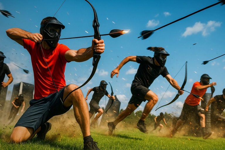 Arrowtag Gruppe von Personen mit Bogen und Masken, die in einer Wettkampfumgebung spielen.